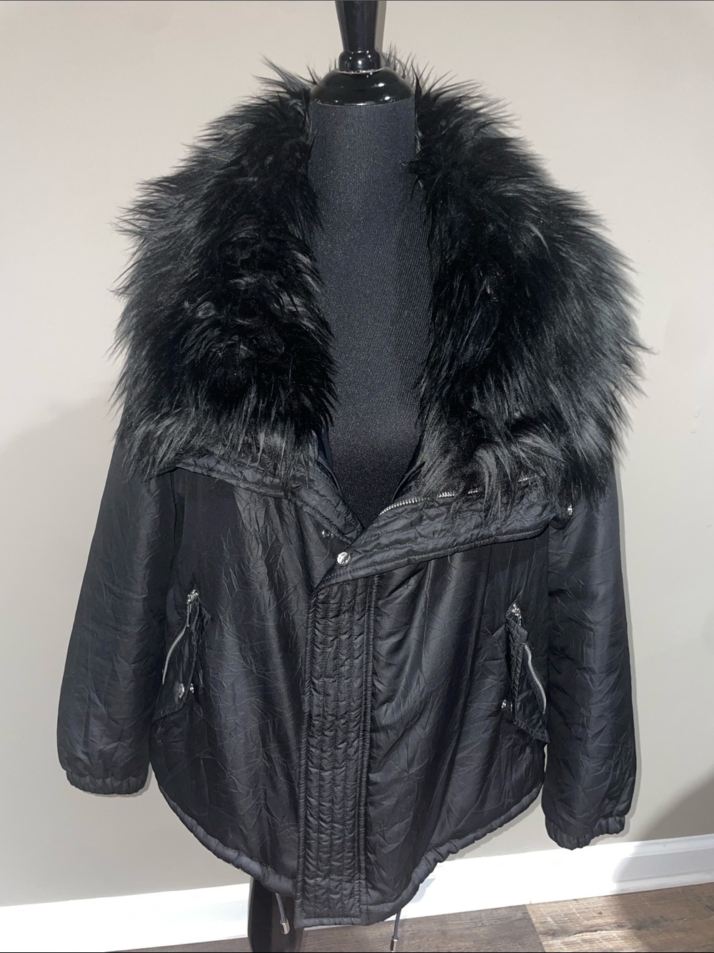 Michael Kors Black Bomber Jacket with Faux Fur Collar